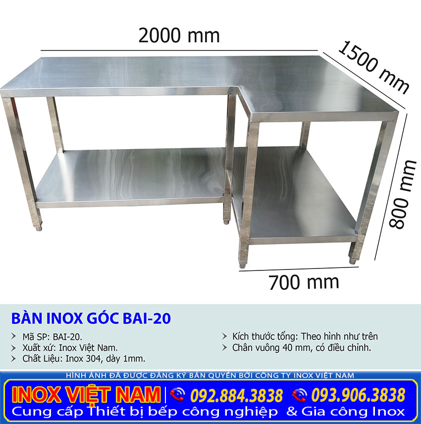 Kích thước tổng quan về bàn bếp inox 1 tầng góc chữ L BA-20