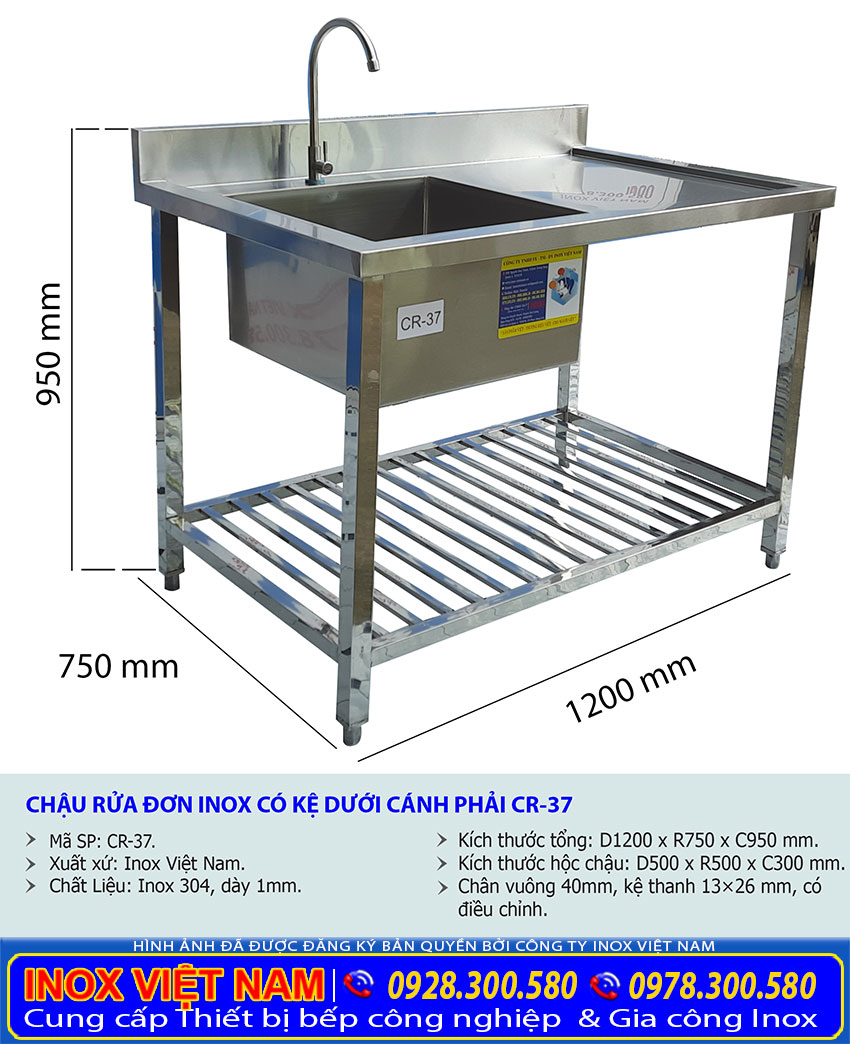 Kích thước bồn rửa chén bát inox có khung chân và bàn rửa CR-37