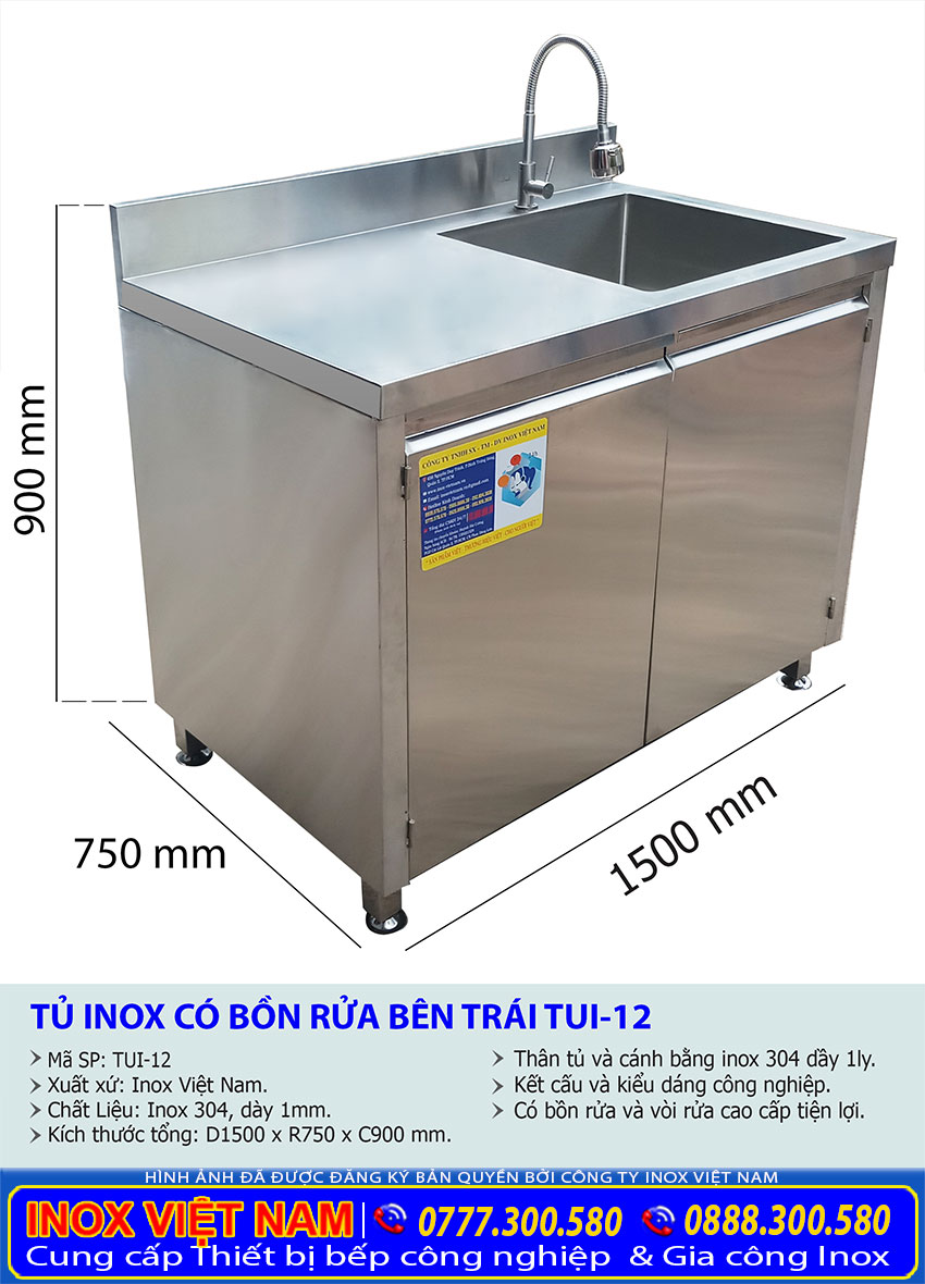 Kích thước bếp inox, tủ đưng chén bát inox có bồn rửa bên trái TUI-12