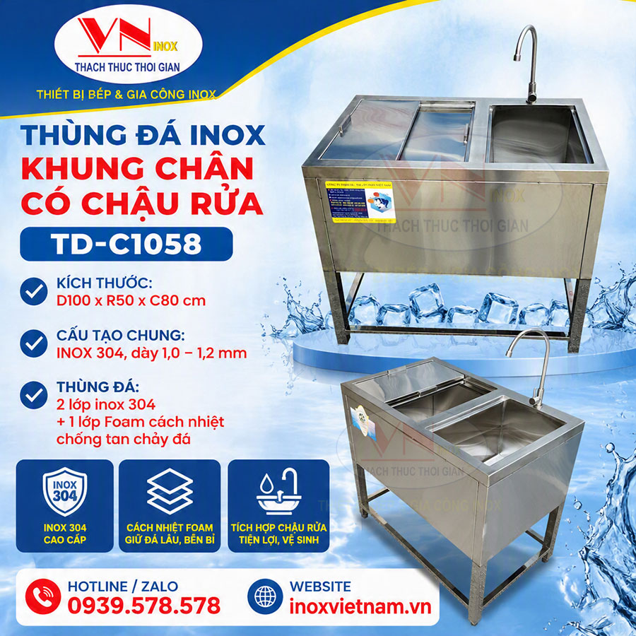 Thùng đá inox có bồn rửa TD-C1058 giúp thao tác pha chế nhanh, sạch và chuyên nghiệp hơn