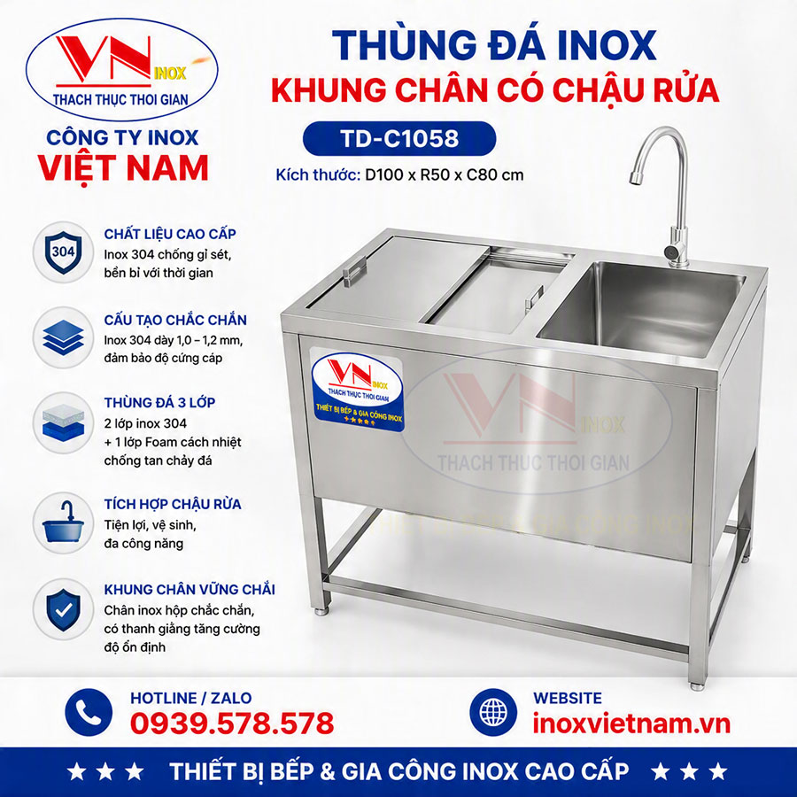 Thùng đá inox có bồn rửa TD-C1058 giúp thao tác pha chế nhanh, sạch và chuyên nghiệp hơn