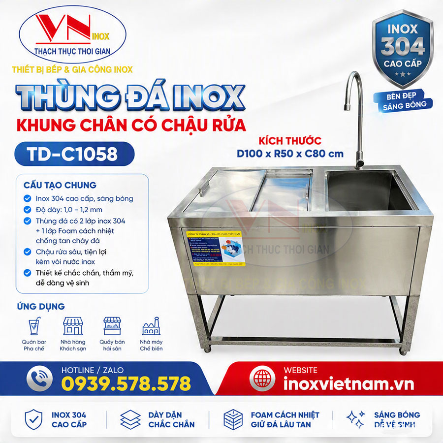 Thùng đá inox TD-C1058 tích hợp chậu rửa, giải pháp gọn gàng cho quầy pha chế chuyên nghiệp