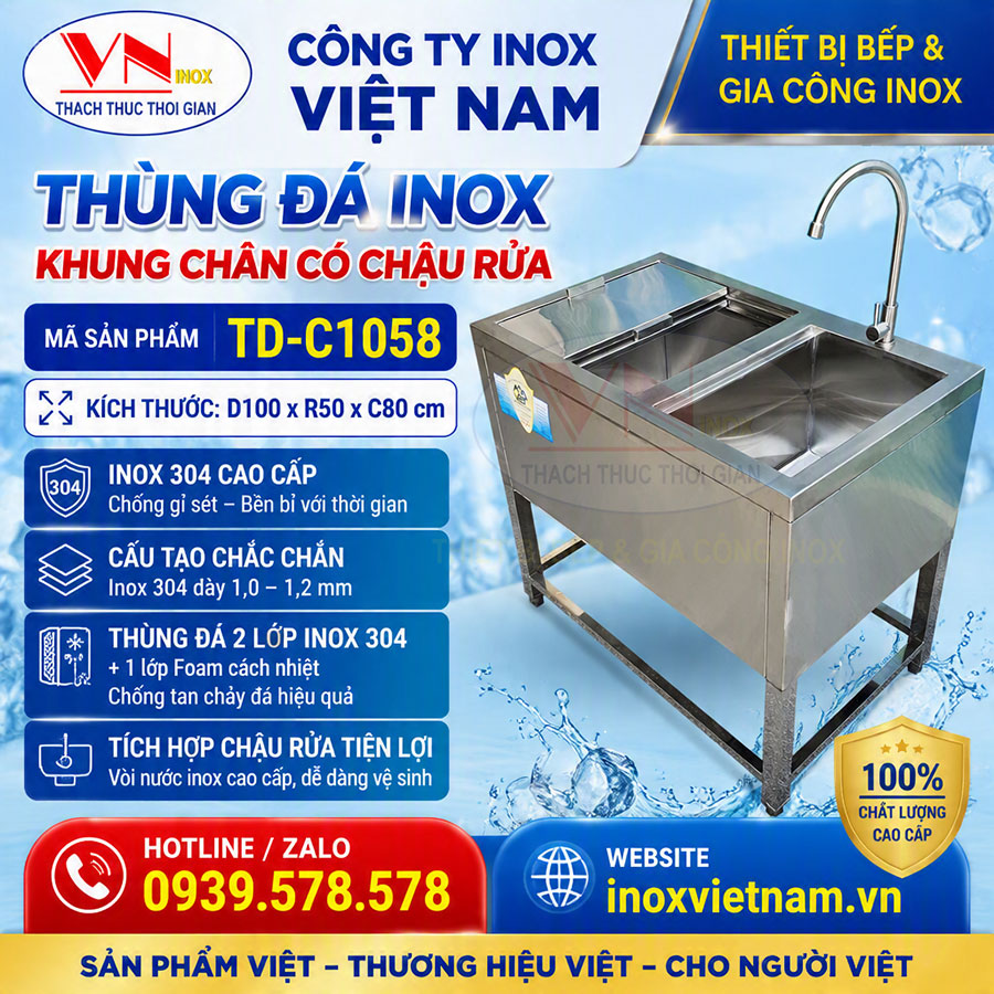 TD-C1058 thùng đá inox có chậu rửa thiết kế hiện đại, giữ lạnh hiệu quả và sử dụng bền lâu