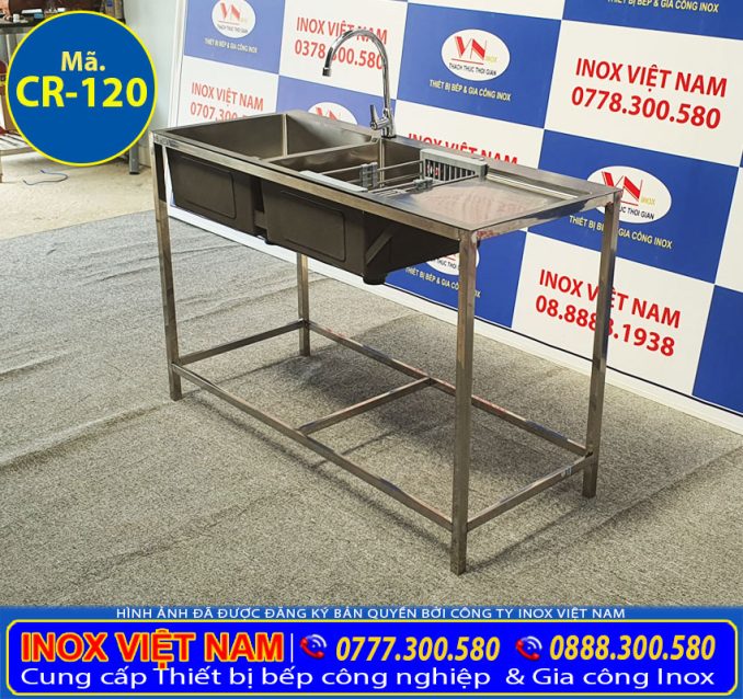 Báo Giá Bồn Rửa Chén Inox 2 Ngăn Cánh Phải Có Chân 1m2 CR-120