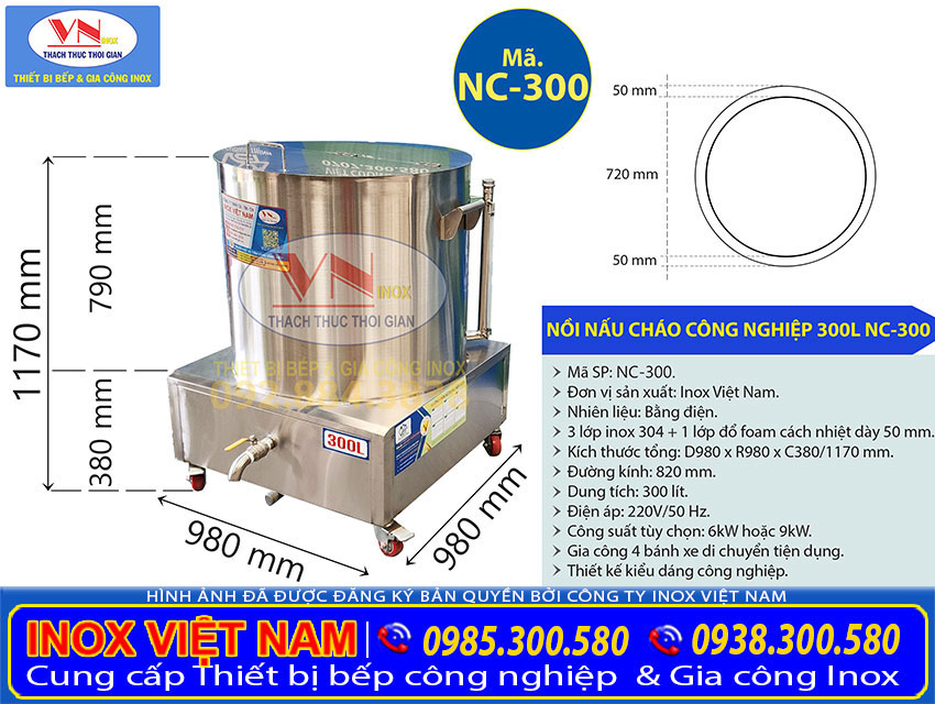 Thông số kỹ thuật của nồi nấu cháo công nghiệp NC-300