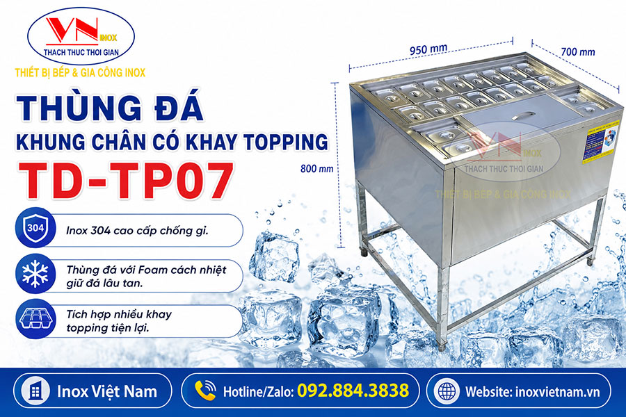 Thùng đá inox khung chân TD-TP07 tích hợp nhiều khay topping tiện lợi cho quán trà sữa và cà phê.