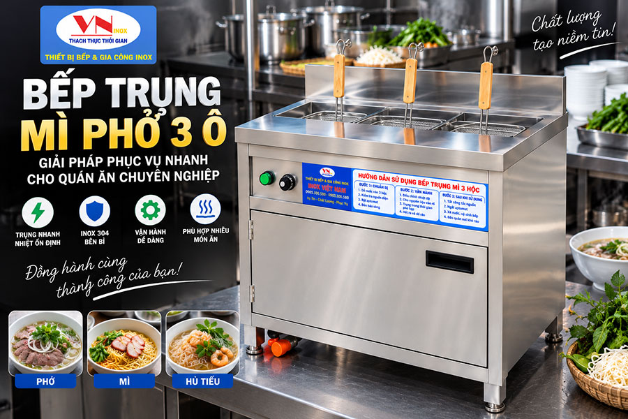 Bếp trụng mì phở 3 ô inox 304 chuyên dùng cho quán phở hủ tiếu và mì