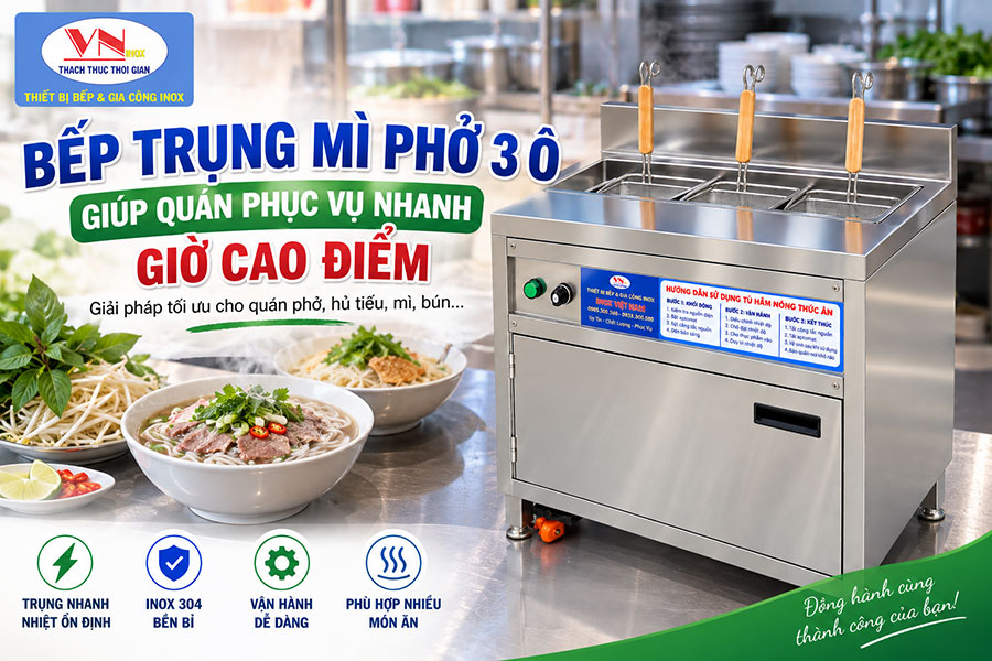 Bếp trụng hủ tiếu bằng điện 3 ô tiện dụng phù hợp quán phục vụ đông khách